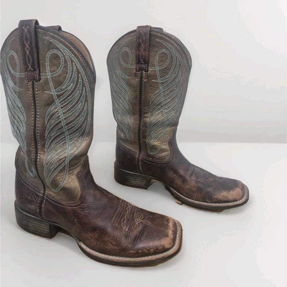 Ariat Round Up Women’s Western Boots Size 8B Brown Blue Leather